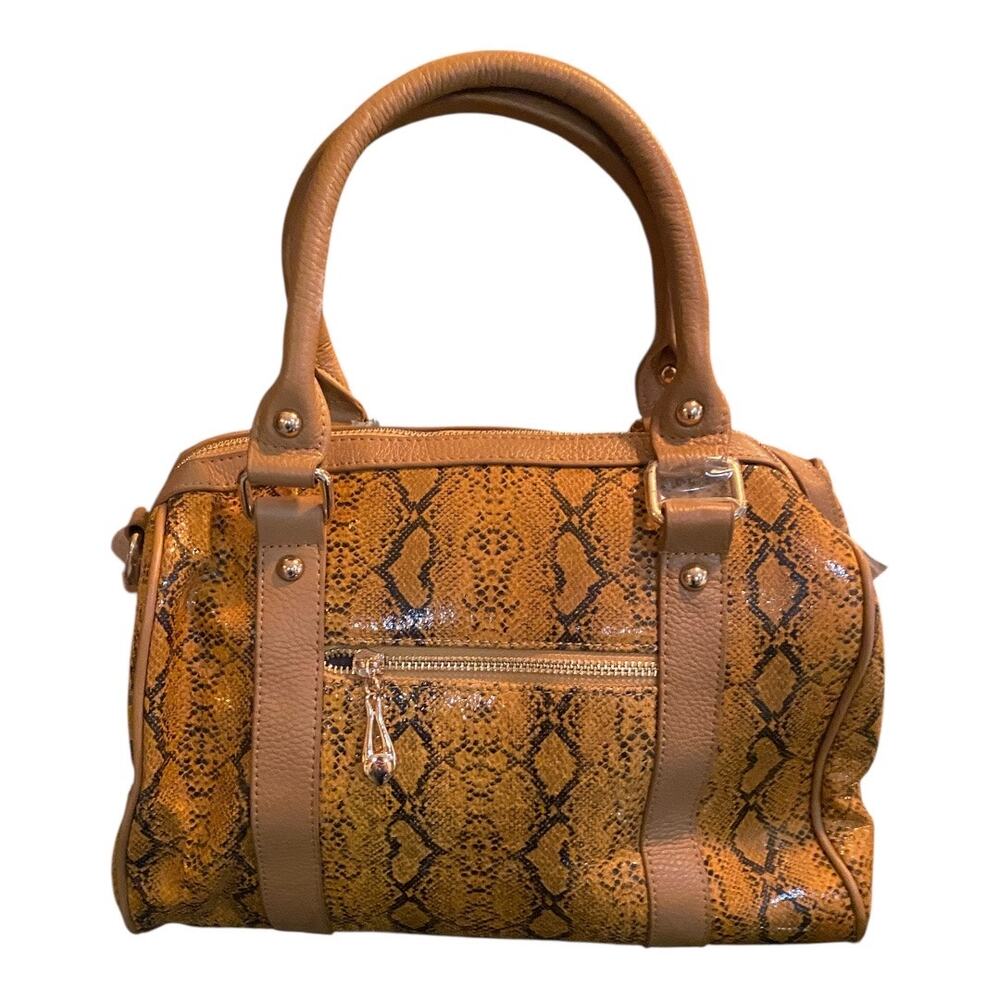 Terzetto Leather Satchel Bag Purse Brown Embossed Snakeskin Animal Print NWT - Picture 5 of 11